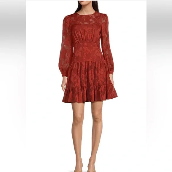 NWOT ELIZA J Metallic Stripe Floral Jacquard Long Sleeve Chiffon Dress - Picture 2 of 16